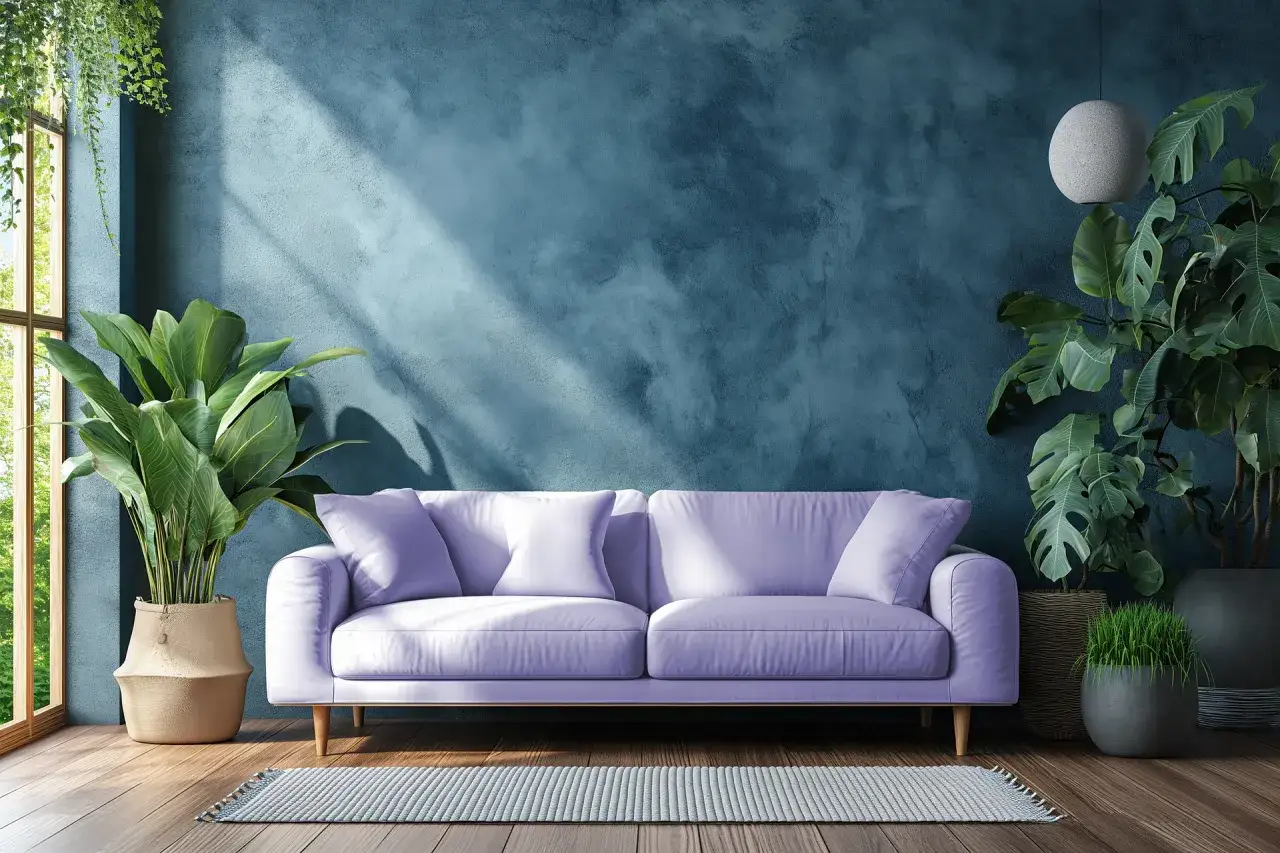 inspiracje salon niebieska kanapa dywan skandynawski industrialny glamour