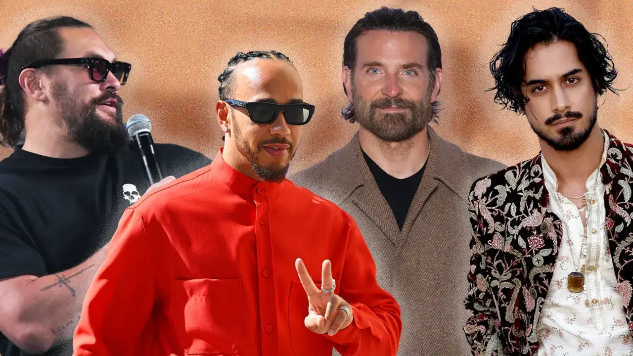 Czterech mężczyzn z długimi włosami męskimi: Jason Momoa, Lewis Hamilton, Bradley Cooper i nieznany aktor.