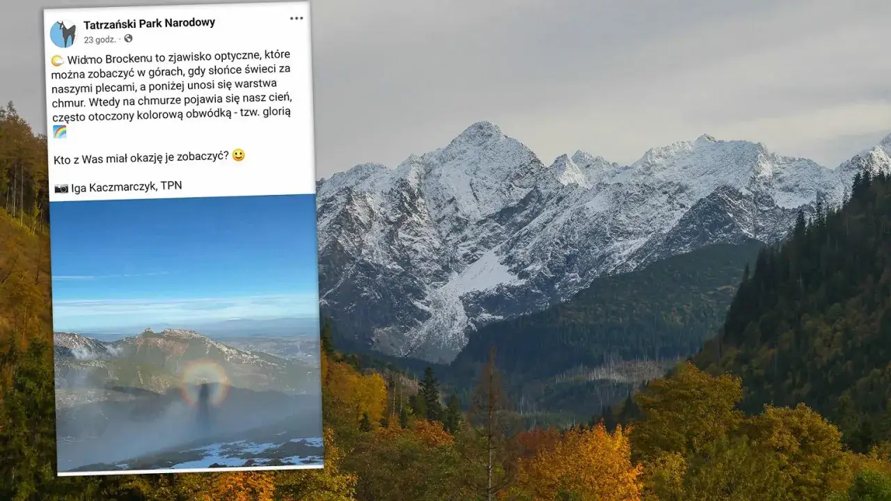 Widmo Brockenu, czyli zjawisko optyczne z kolorową obwódką, widoczne na tle górskich szczytów.