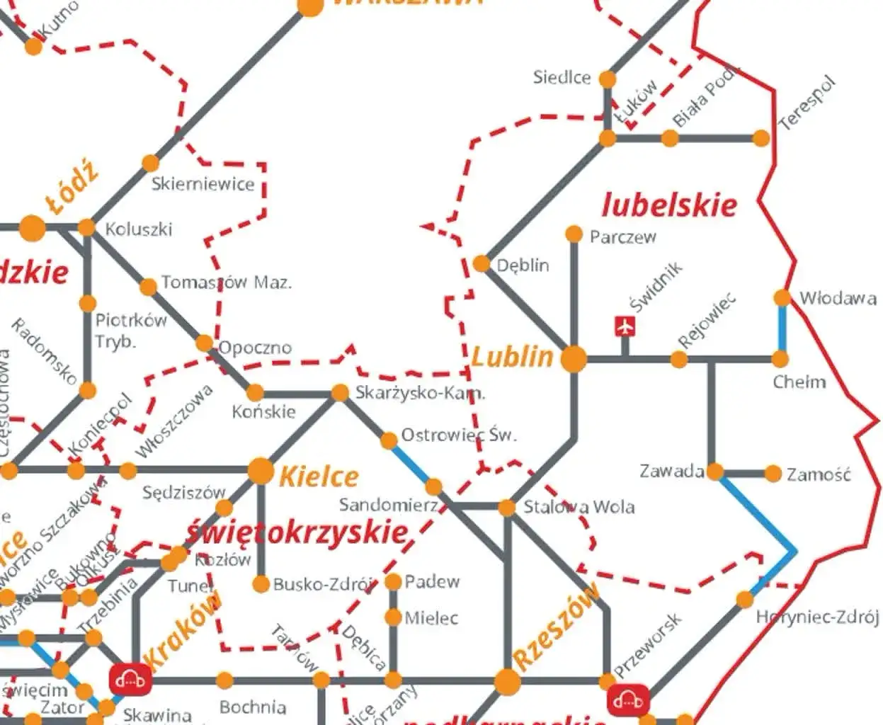 mapa połączeń kolejowych POLREGIO