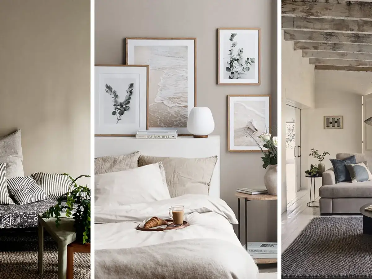 Sypialnia i salon w odcieniach greige. Wygodne łóżko z białym pościelą, obrazy z motywami roślinnymi i plażowymi. W salonie szara kanapa i dywan.