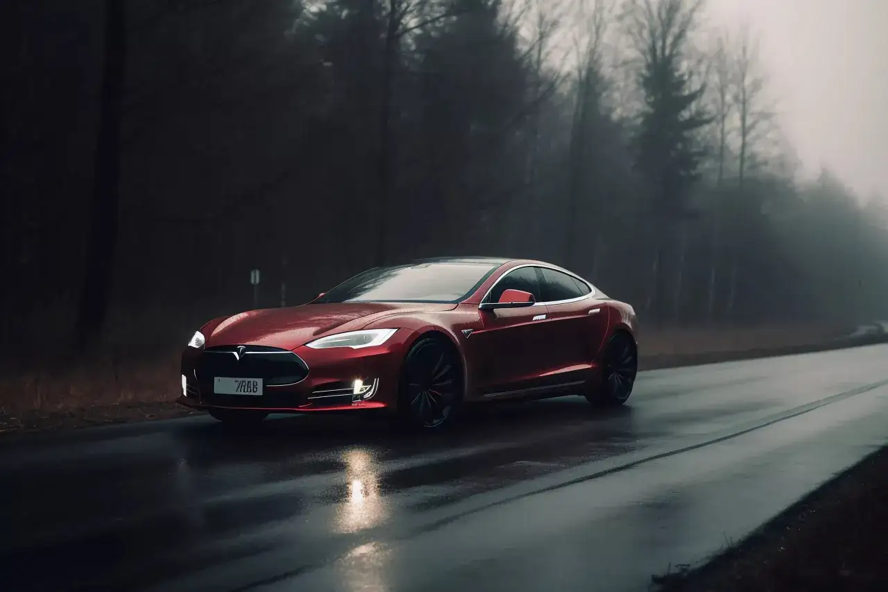 Czerwona Tesla na mokrej drodze w lesie. Zastanawiasz się, ile Tesla ma zasięgu? Ten model pokonuje długie dystanse.