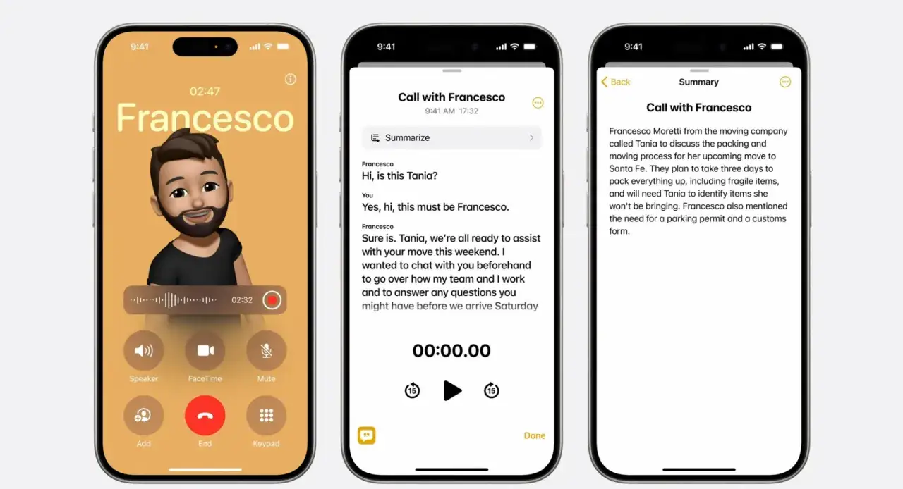 Nagrywanie rozm&oacute;w iPhone: podsumowanie rozmowy z Francesco, kt&oacute;ra dotyczy przeprowadzki.