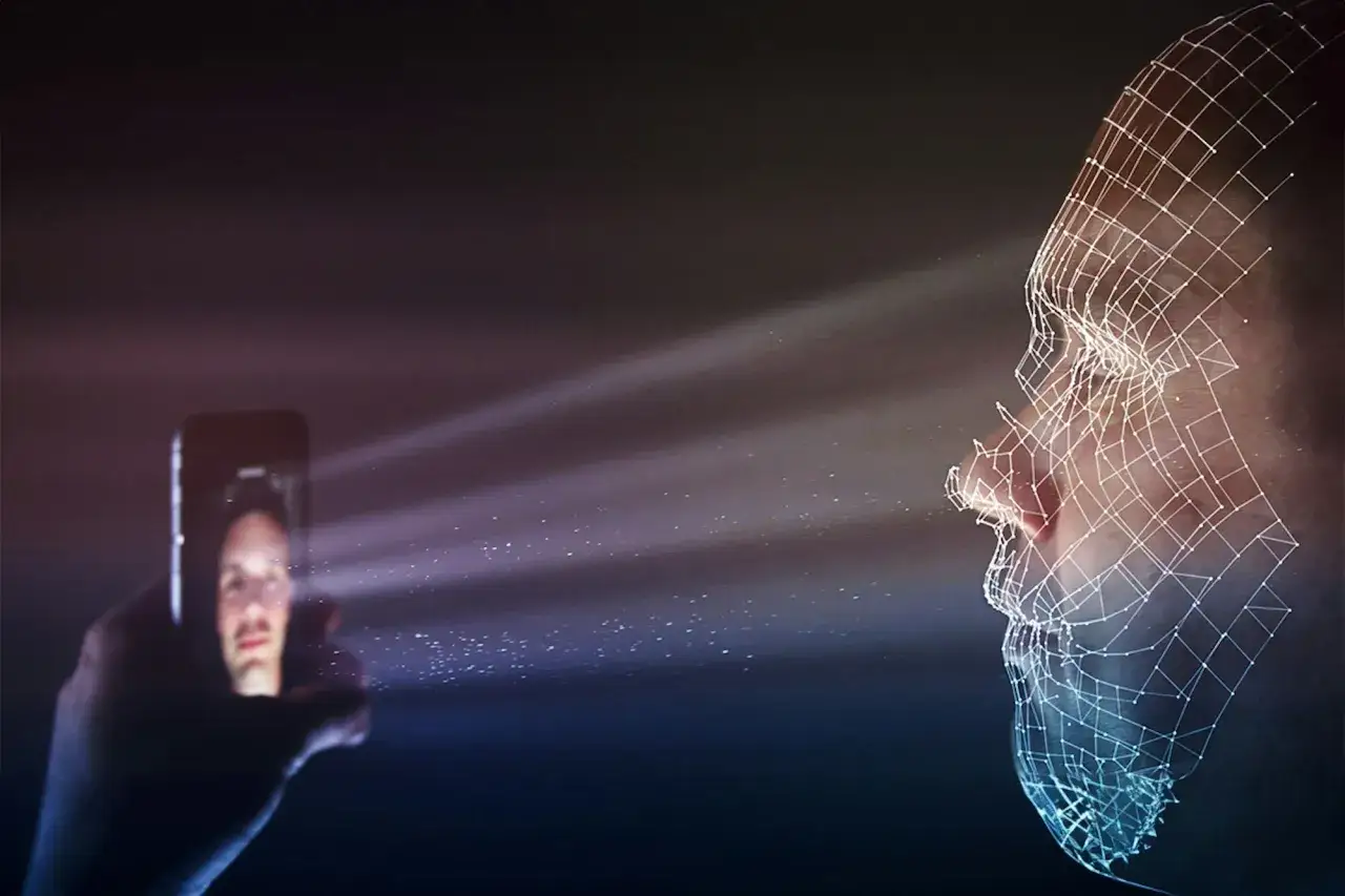 Skanowanie twarzy w celu odblokowania telefonu przez aparat. Technologia rozpoznawania twarzy.