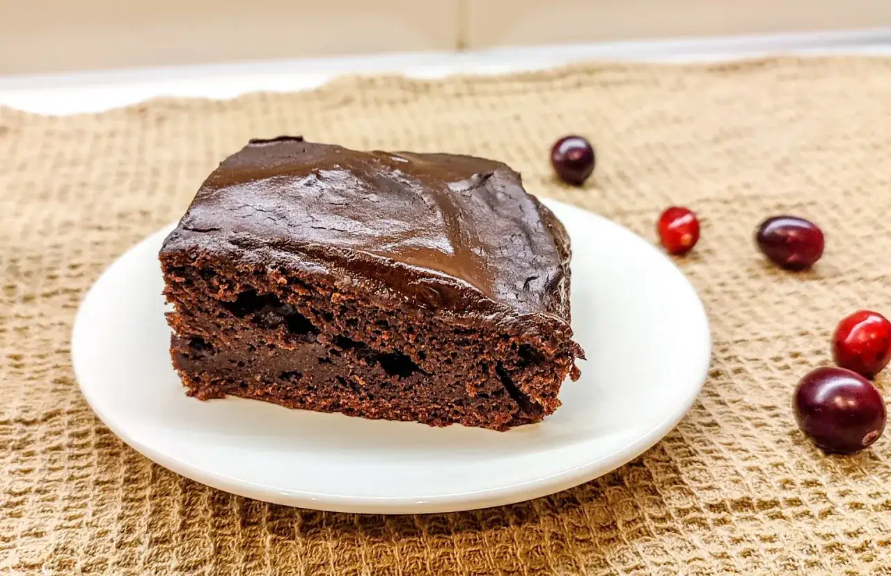 Wilgotny brownie bez jajek z polewą czekoladową, ozdobiony kilkoma żurawinami. Idealny deser dla każdego.