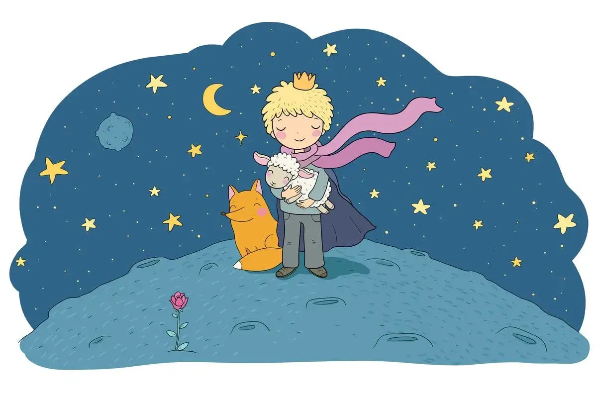 Mały Książę z lisem i owieczką na księżycu. Może to wyjaśnia, dlaczego Mały Książę opuścił planetę.