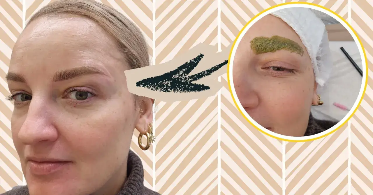 Przed i po zabiegu: nałożona zielona henna pudrowa brwi. Efekt naturalnego podkreślenia.