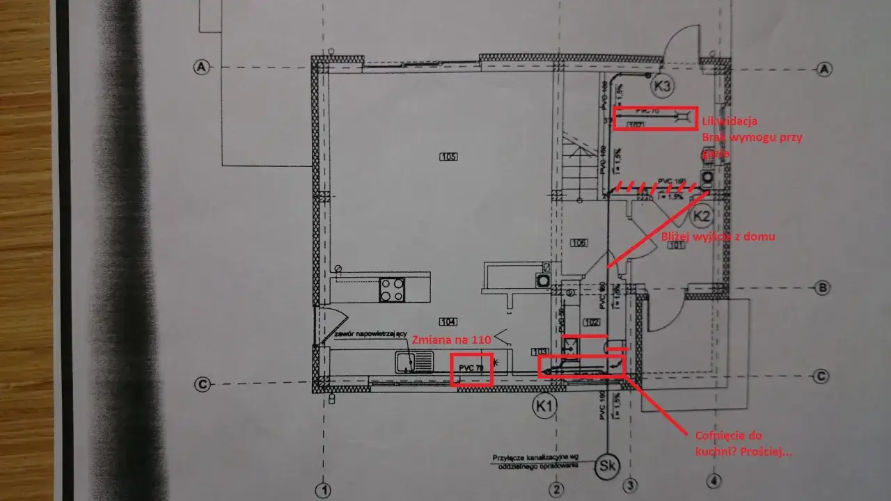 Plan domu z zaznaczoną kanalizacją. Czerwone linie wskazują zmiany i sugestie dotyczące instalacji.