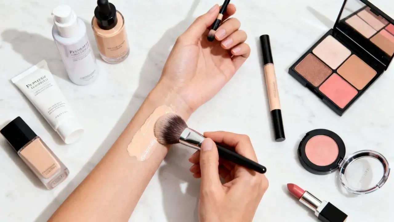 Wizażystka testuje podkład na przedramieniu, obok kosmetyki. Zastanawiasz się, ile zarabia wizażystka?