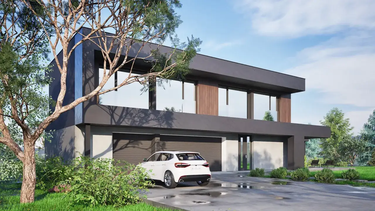 Nowoczesny dom po generalnej modernizacji, z dużymi oknami i białym SUV-em przed garażem.
