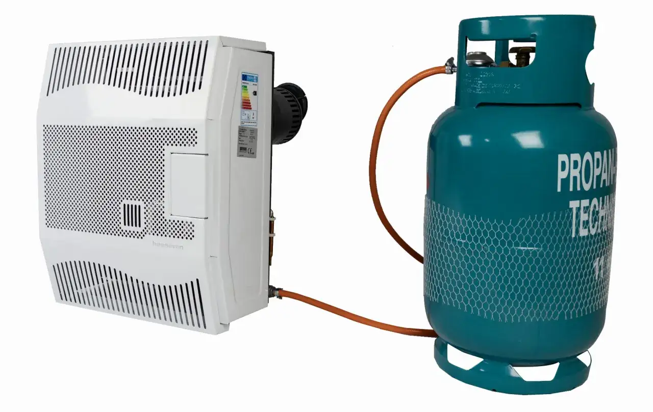 Biały piecyk gazowy podłączony wężem do turkusowej butli z propanem. Efektywne ogrzewanie piecykiem gazowym.