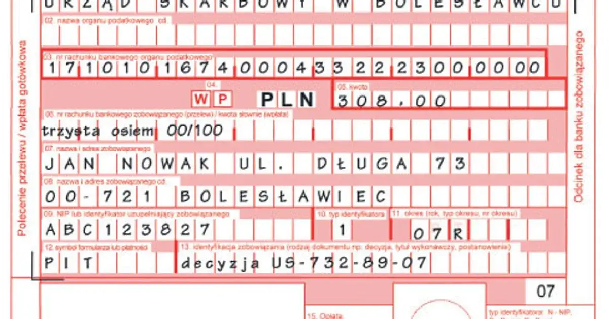 przykładowy wypełniony przelew bankowy podatek od nieruchomości