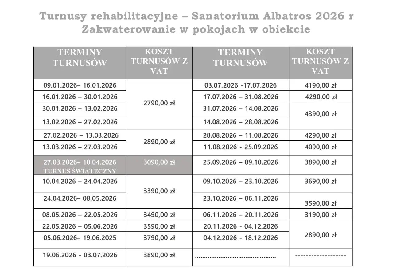 Tabela z terminami i cenami pobytów w Sanatorium Albatros 2026. Sprawdź, ile kosztuje pobyt w sanatorium w zależności od wybranego terminu.