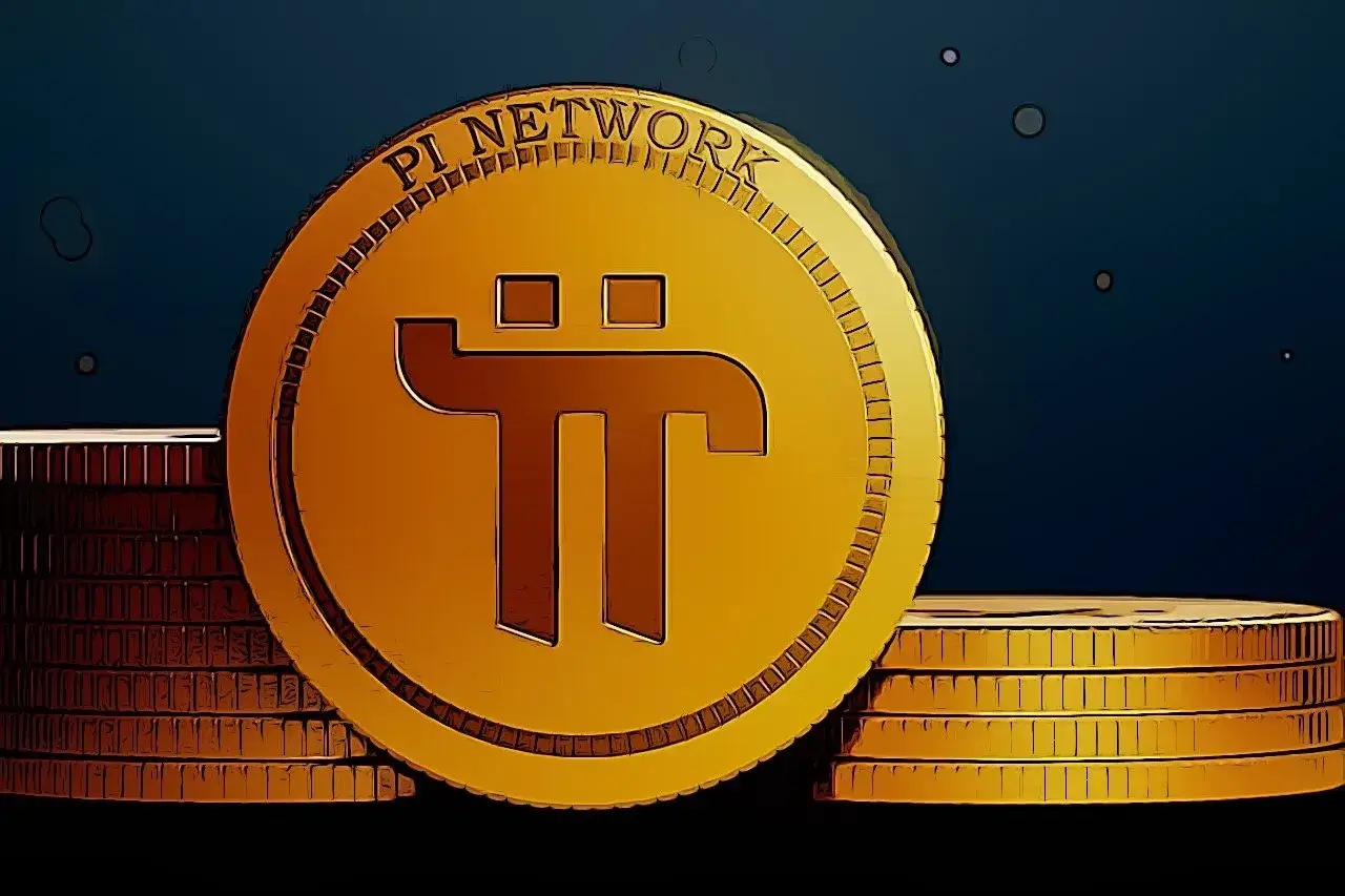 Złota moneta z symbolem Pi Network, stosy monet. Kiedy pi network kiedy na giełdzie?