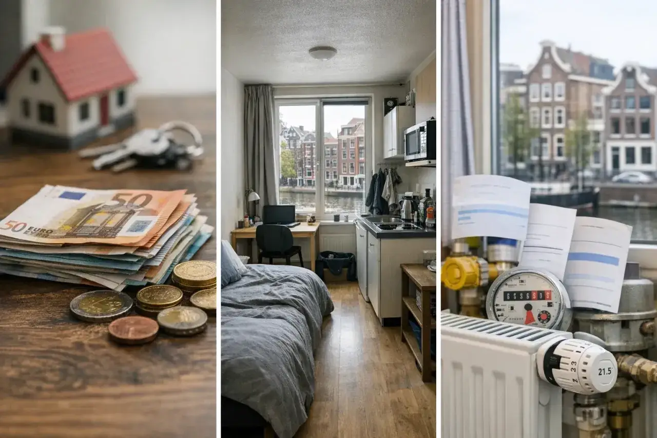 Euro banknoty, monety, klucze i model domu symbolizują koszty mieszkania w Holandii. Widok na kanał i kamienice.