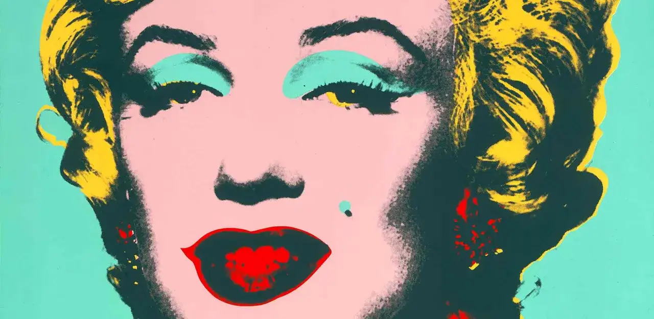 Ikoniczna serigrafia pop art przedstawiająca Marilyn Monroe z wyrazistymi, kolorowymi detalami.