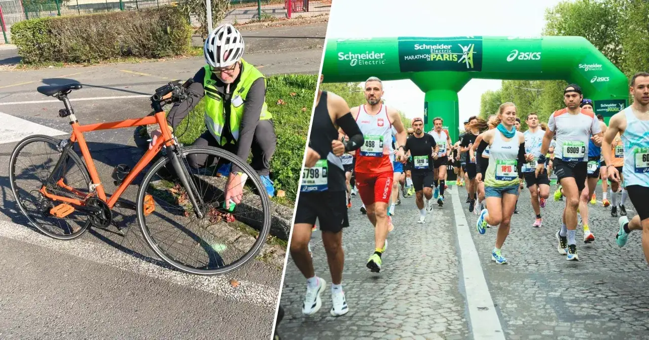 Biegacze w Paryżu, gdzie maraton ma 42,195 km. Obok mężczyzna przy pomarańczowym rowerze.