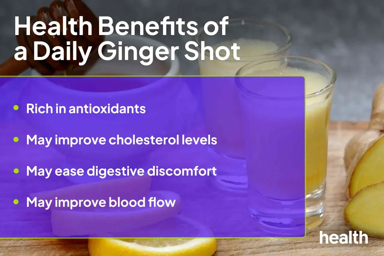 Woda z imbirem w shotach, bogata w antyoksydanty, wspiera zdrowie. Poprawia poziom cholesterolu, łagodzi problemy trawienne i krążenie.