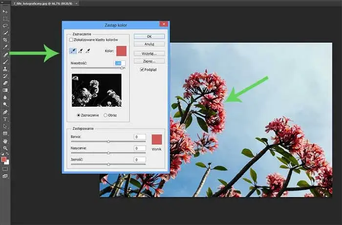 Photoshop narzędzie Zastąp kolor interfejs
