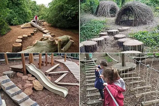 Naturalny plac zabaw z drewnianymi konstrukcjami i elementami sensorycznymi