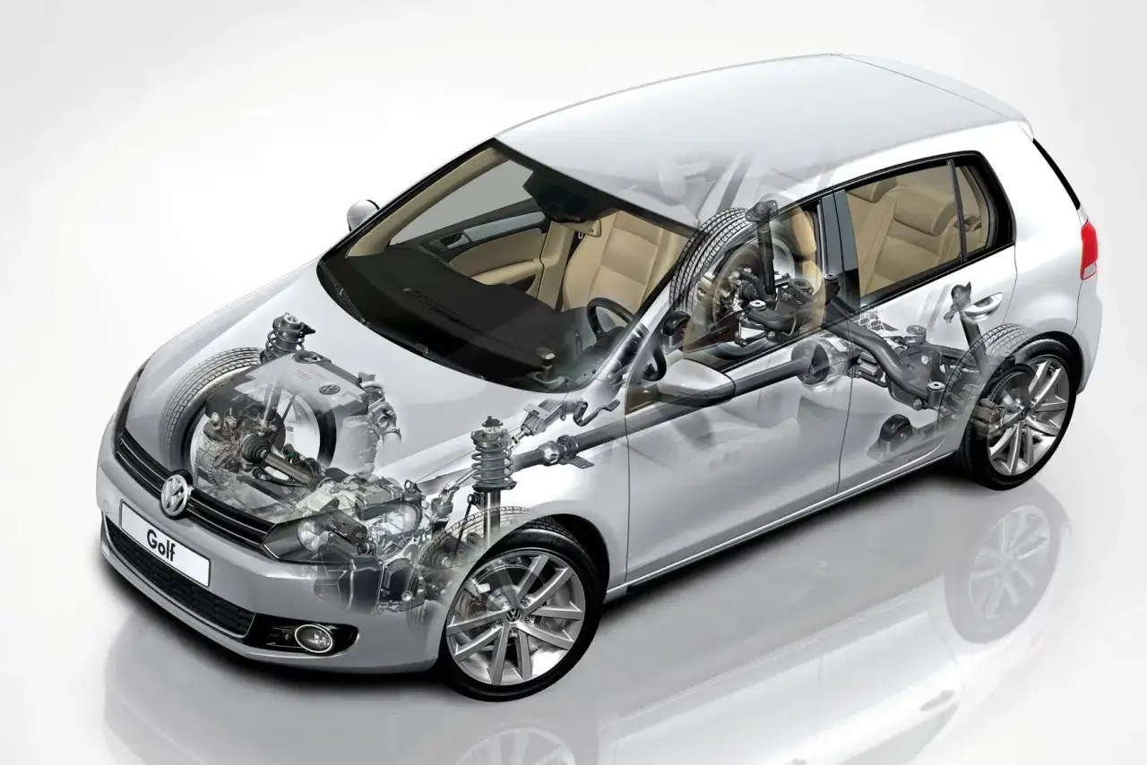 Przezroczysty Golf 6 R ukazuje swój silnik, zawieszenie i wnętrze.
