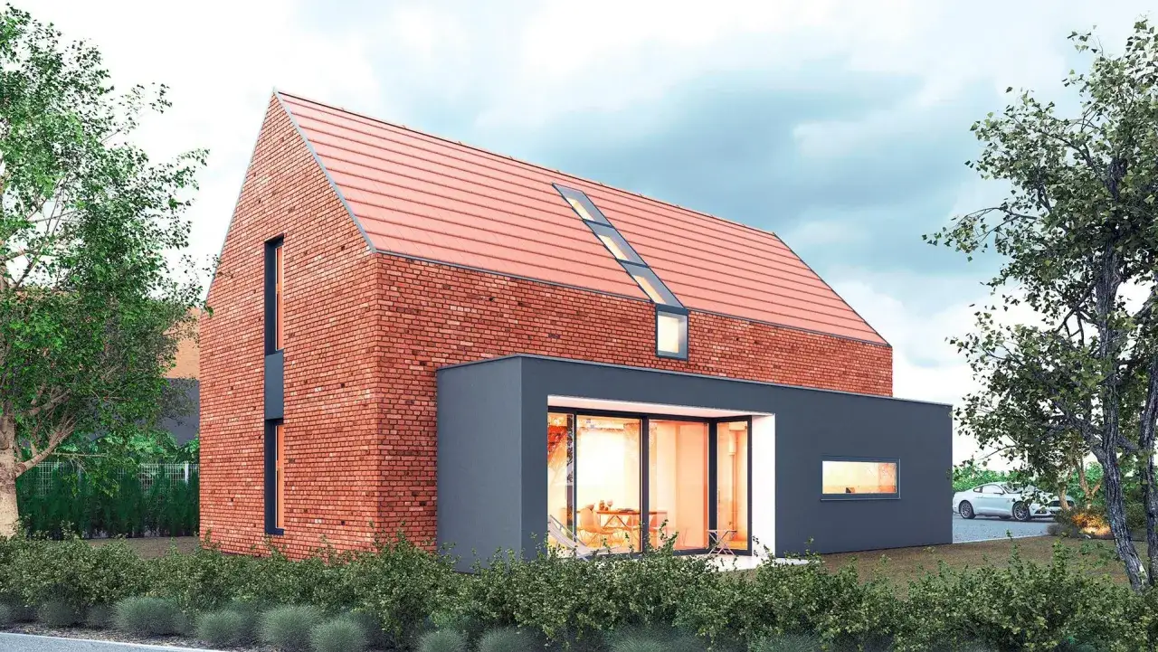 Tania nowoczesna stodoła z cegły i grafitowego tynku, z dużymi oknami i dachem z czerwonej dachówki.