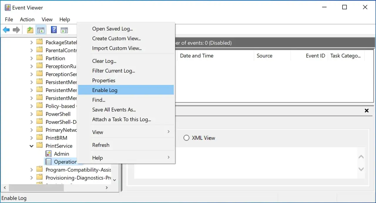 Podgląd zdarzeń Windows PrintService