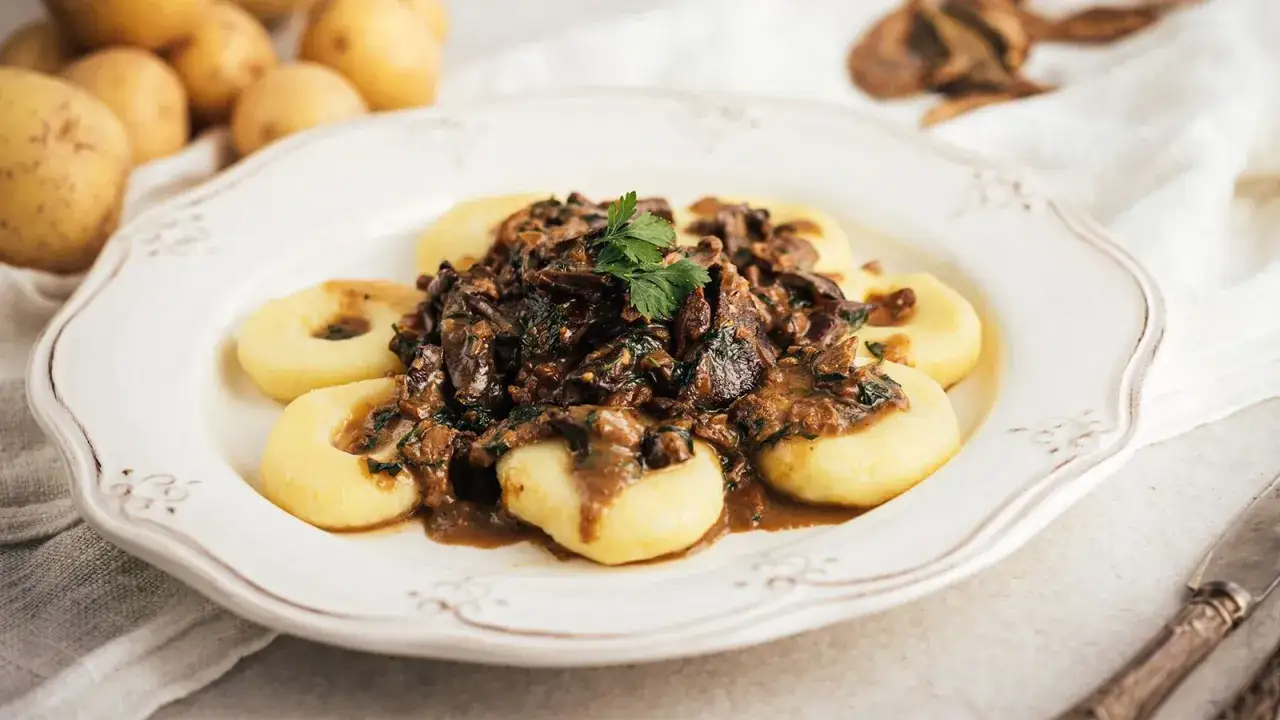 sos grzybowy na talerzu z kluskami śląskimi