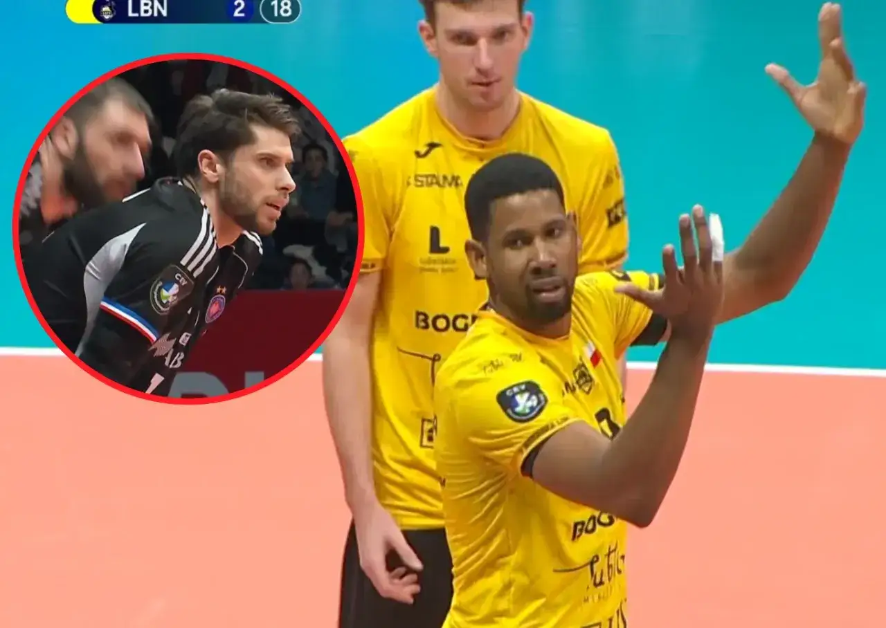 Siatkarze w żółtych strojach, jeden z nich sygnalizuje zagranie. W tle widać zawodnika w czarnym stroju, być może z drużyny Halkbank Ankara.