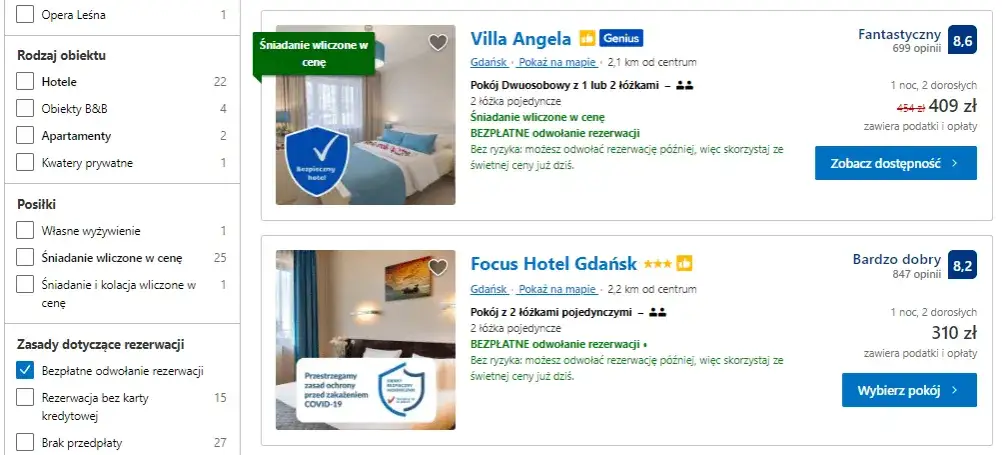 strona portalu rezerwacyjnego noclegi, wyszukiwanie hotelu w trasie