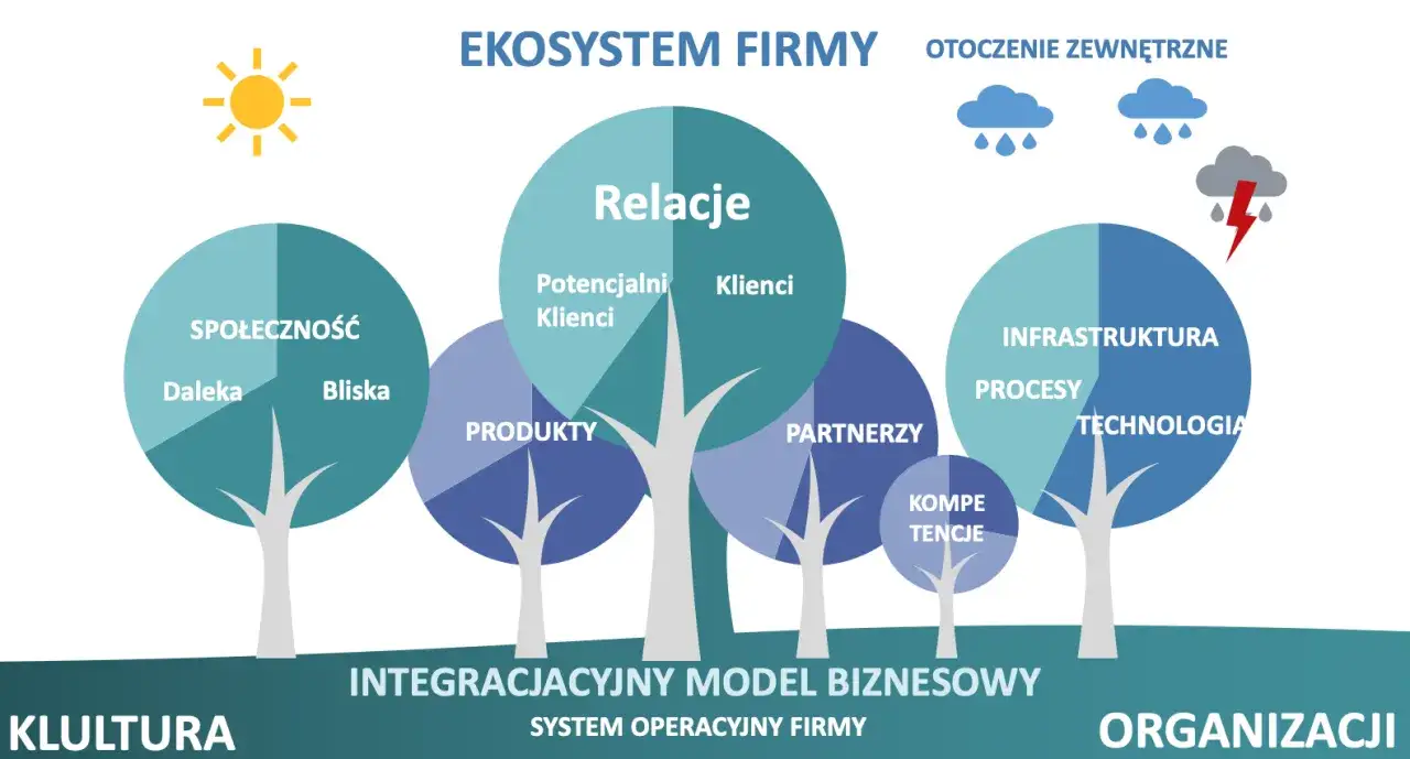 Model biznesowy firmy z elementami optymalizacji procesów produkcyjnych: społeczność, relacje, produkty, partnerzy, infrastruktura, kompetencje, technologia.