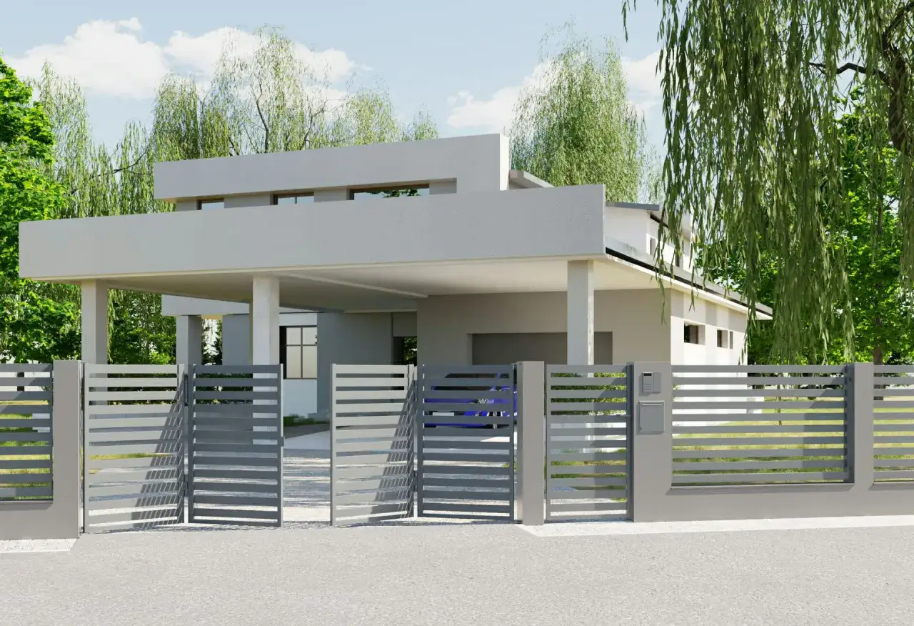 Nowoczesna, szara brama łamana przed domem z podjazdem. Jak zrobić taką bramę?