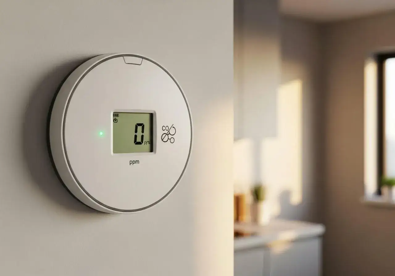 Czujnik czadu pokazuje 0 ppm. Zielona dioda i symbol 