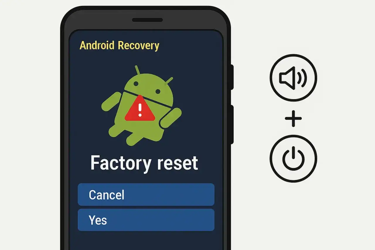 Jak odblokować telefon nie znając konta Google: ekran Android Recovery z opcją Factory reset i ikonami głośności i zasilania.
