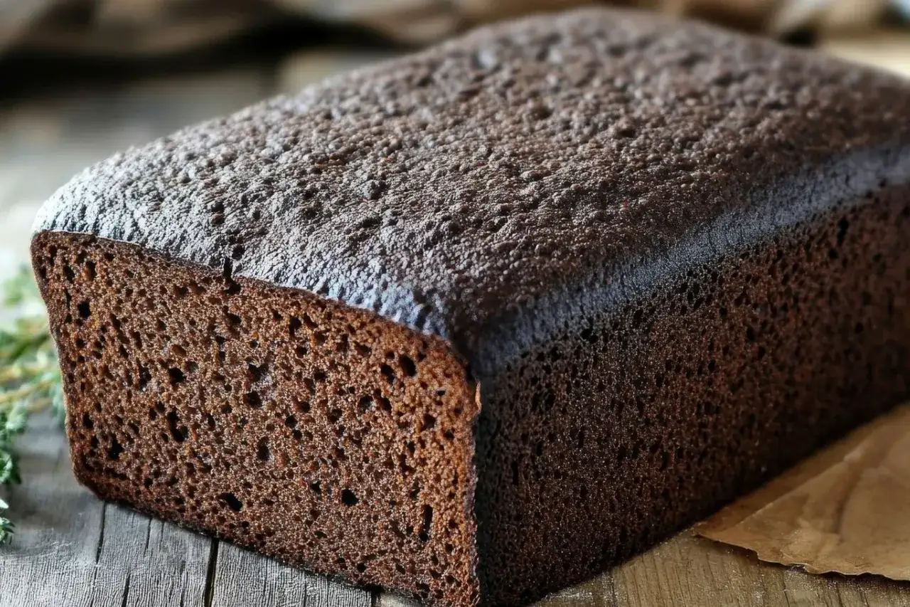 Ciemny pumpernikiel na drewnianym stole. Niska zawartość cukru sprawia, że pumpernikiel ma niski indeks glikemiczny.