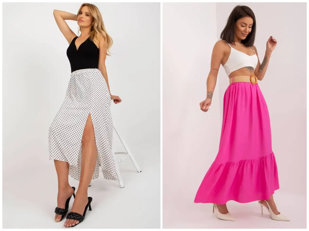 Stylizacje z długą spódnicą i różnymi bluzkami