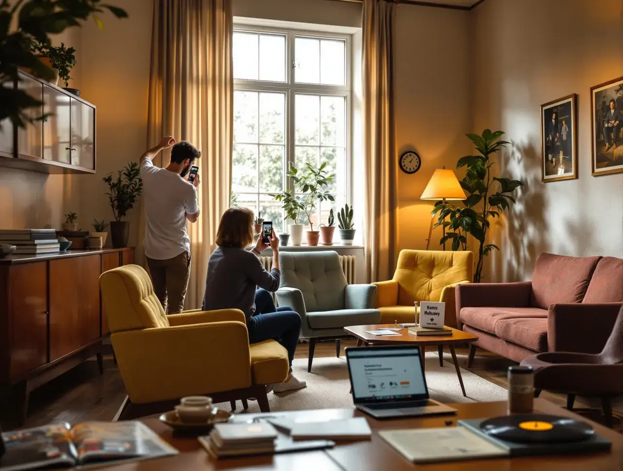 Para dokumentuje zamianę domu na mieszkanie, robiąc zdjęcia wnętrza.