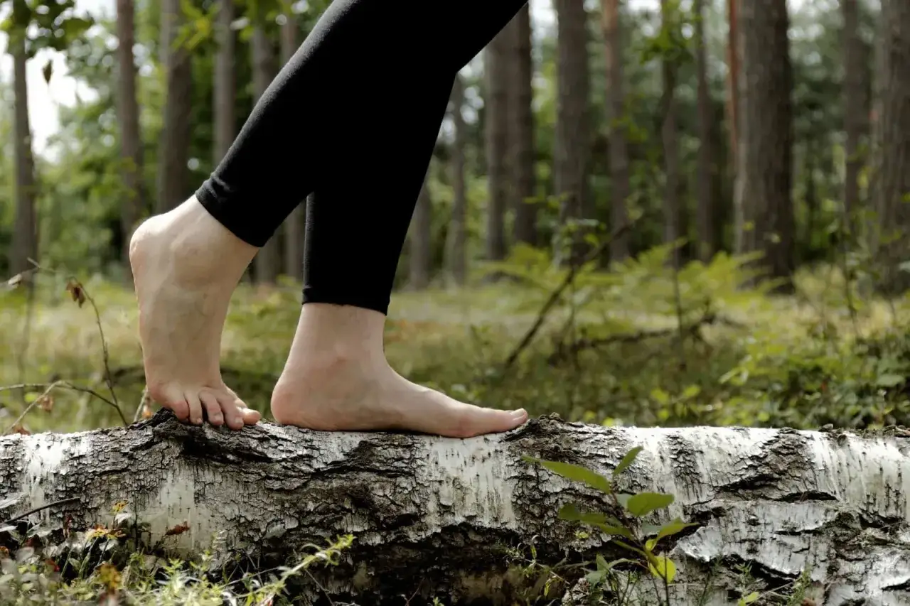 Chodzenie boso po lesie, to znaczy barefoot, to wolność i bliskość z naturą. Stopy na kłodzie.