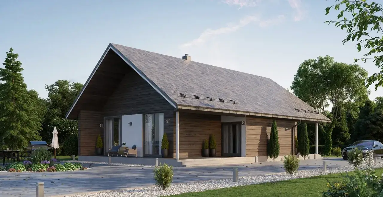 Nowoczesny dom drewniany z dużymi oknami i tarasem, otoczony zielenią. Idealne miejsce na relaks.