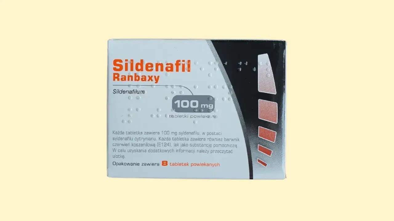 Opakowanie Sildenafilu Ranbaxy 100 mg. Czy viagra jest na receptę? Informacje na ulotce.