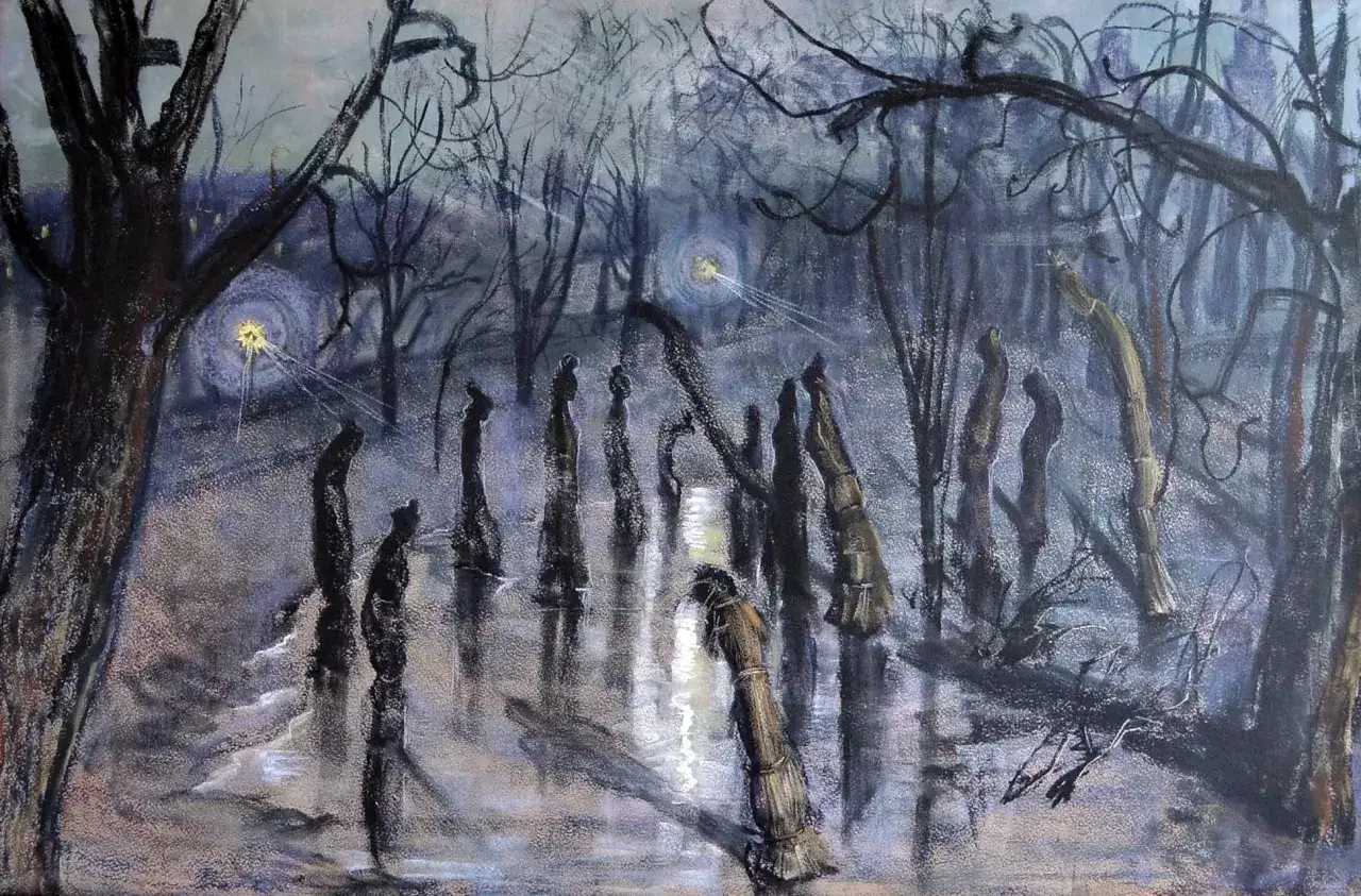 Mroczny las, gdzie drzewa przypominają postacie, a światła tworzą tajemniczy symbol. Co to symbol?