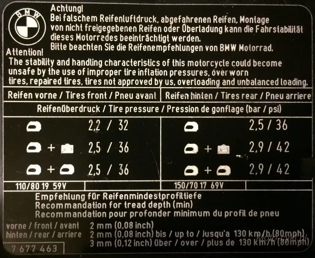 naklejka znamionowa motocykla ciśnienie opon