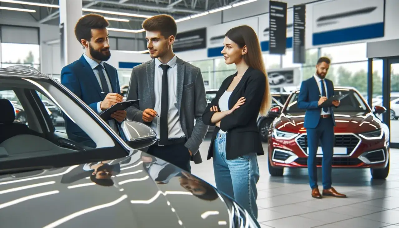 Para jak negocjować cenę samochodu w salonie. Sprzedawca notuje, klientka słucha.