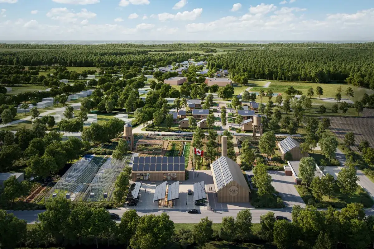 Wioska z domkami, szklarniami i panelami słonecznymi. To przykład nowoczesnej instalacji off grid, gdzie energia pochodzi ze słońca.