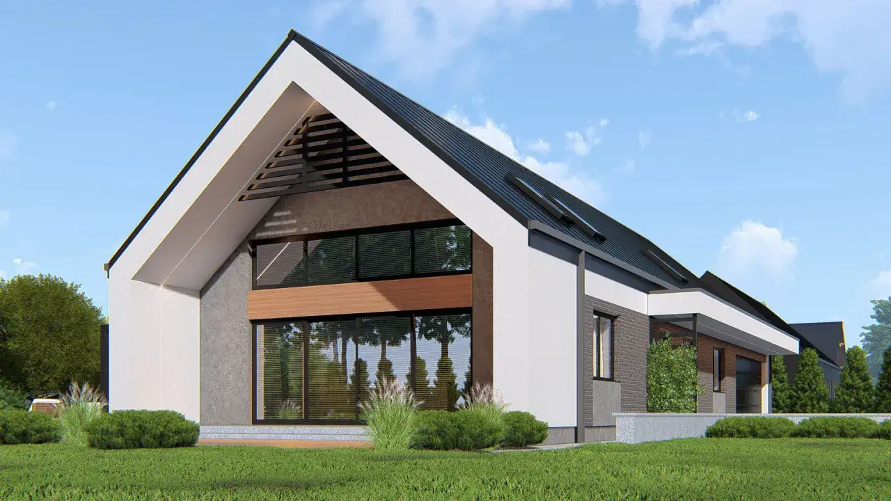 Nowoczesna stodoła z dużymi oknami i drewnianymi elementami. Idealna, tania propozycja dla ceniących styl i funkcjonalność.