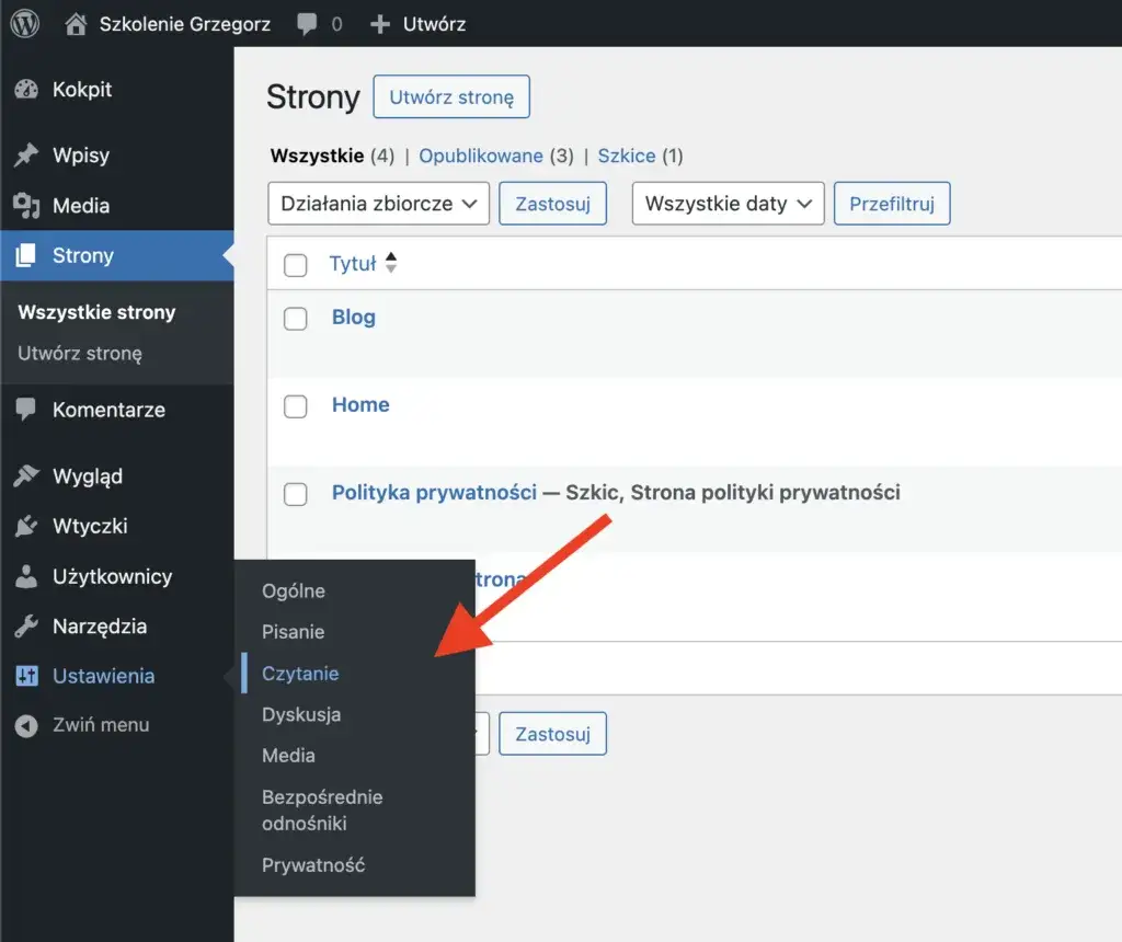 WordPress ustawienia czytanie strona gł&oacute;wna