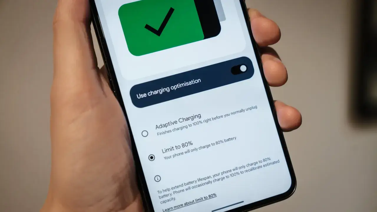 Ustawienia telefonu: do ilu procent ładować telefon? Opcje: ładowanie adaptacyjne lub limit do 80% dla dłuższej żywotności baterii.
