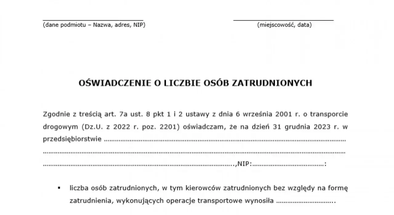 wz&oacute;r oświadczenia o zatrudnieniu kierowc&oacute;w
