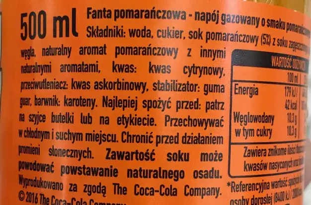 skład Fanty pomarańczowej etykieta