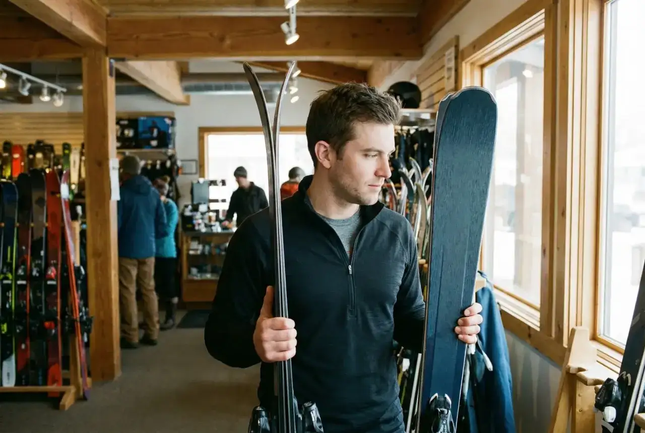Mężczyzna wybiera narty all mountain w sklepie narciarskim.
